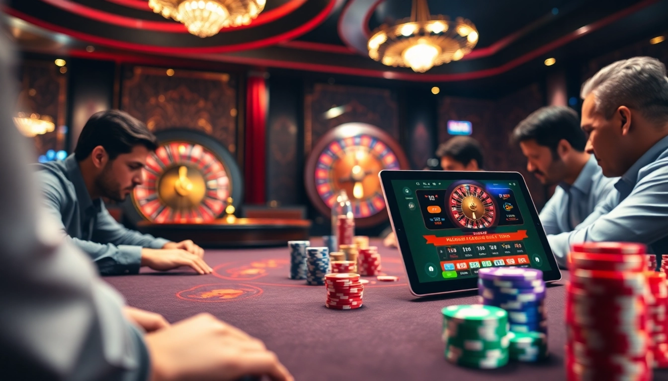 Engaging scene at nhà cái 9bet with excited gamblers at a poker table and a roulette wheel.