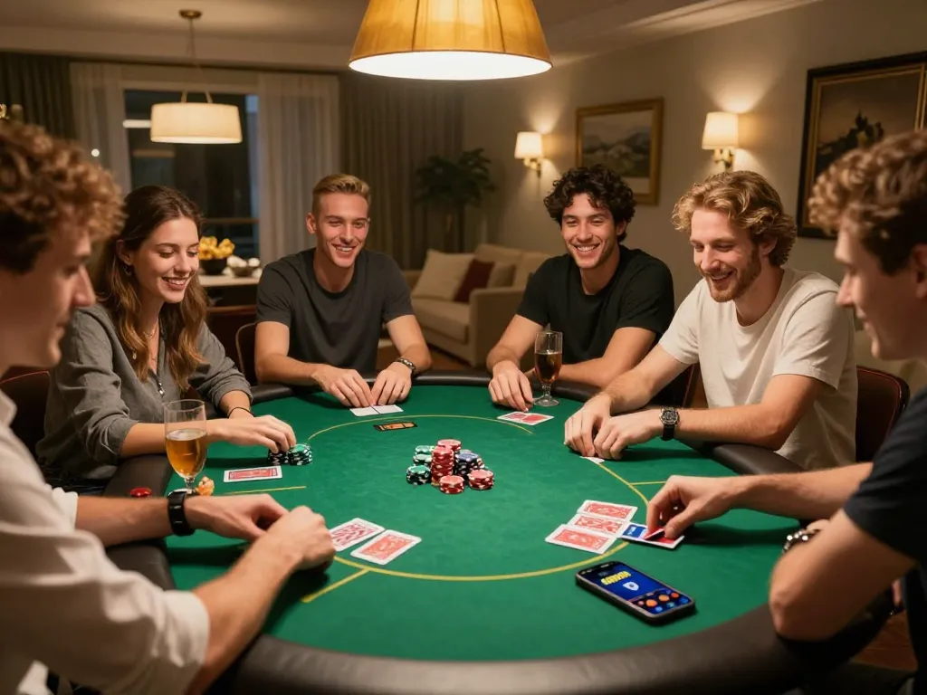 Friends enjoying a poker game and using sunwin app on smartphone, showcasing strategy and social bonding