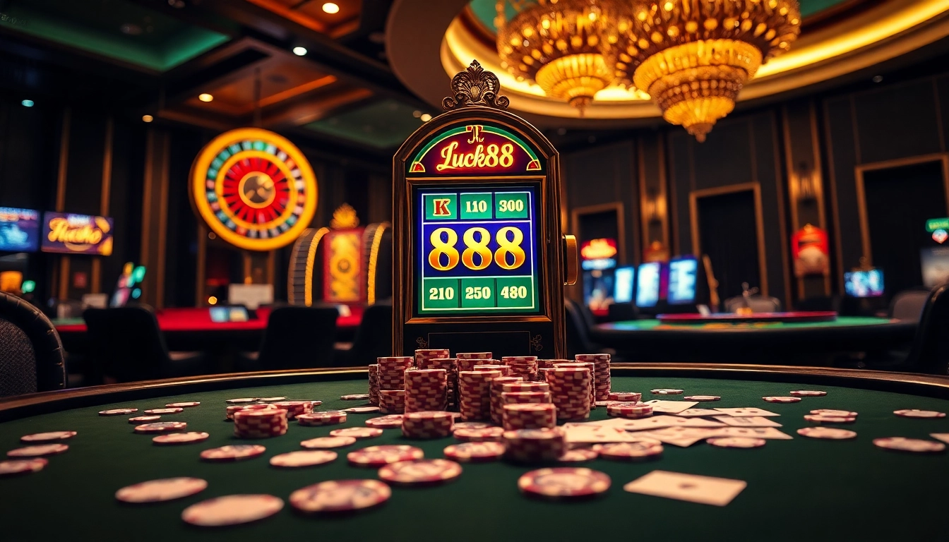 Engaging scene of a lucky slot machine 'luck88' in a vibrant casino setting with poker chips.