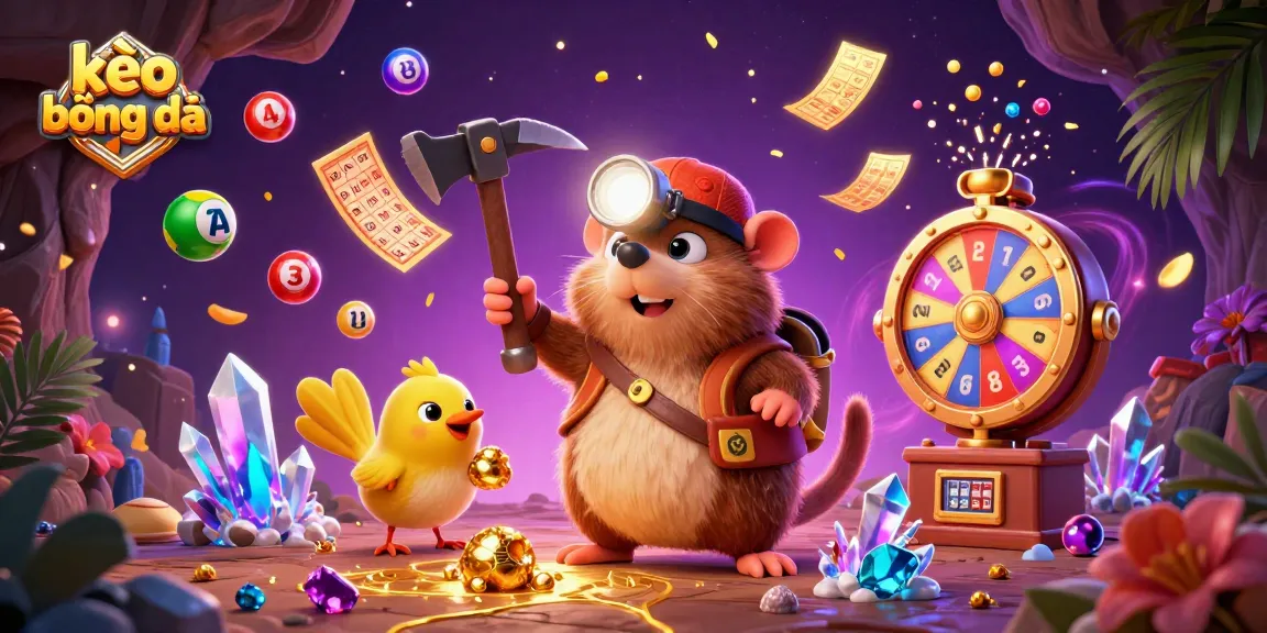 Experience thrilling kèo bóng đá action with vibrant 3D lottery elements in a treasure cave.