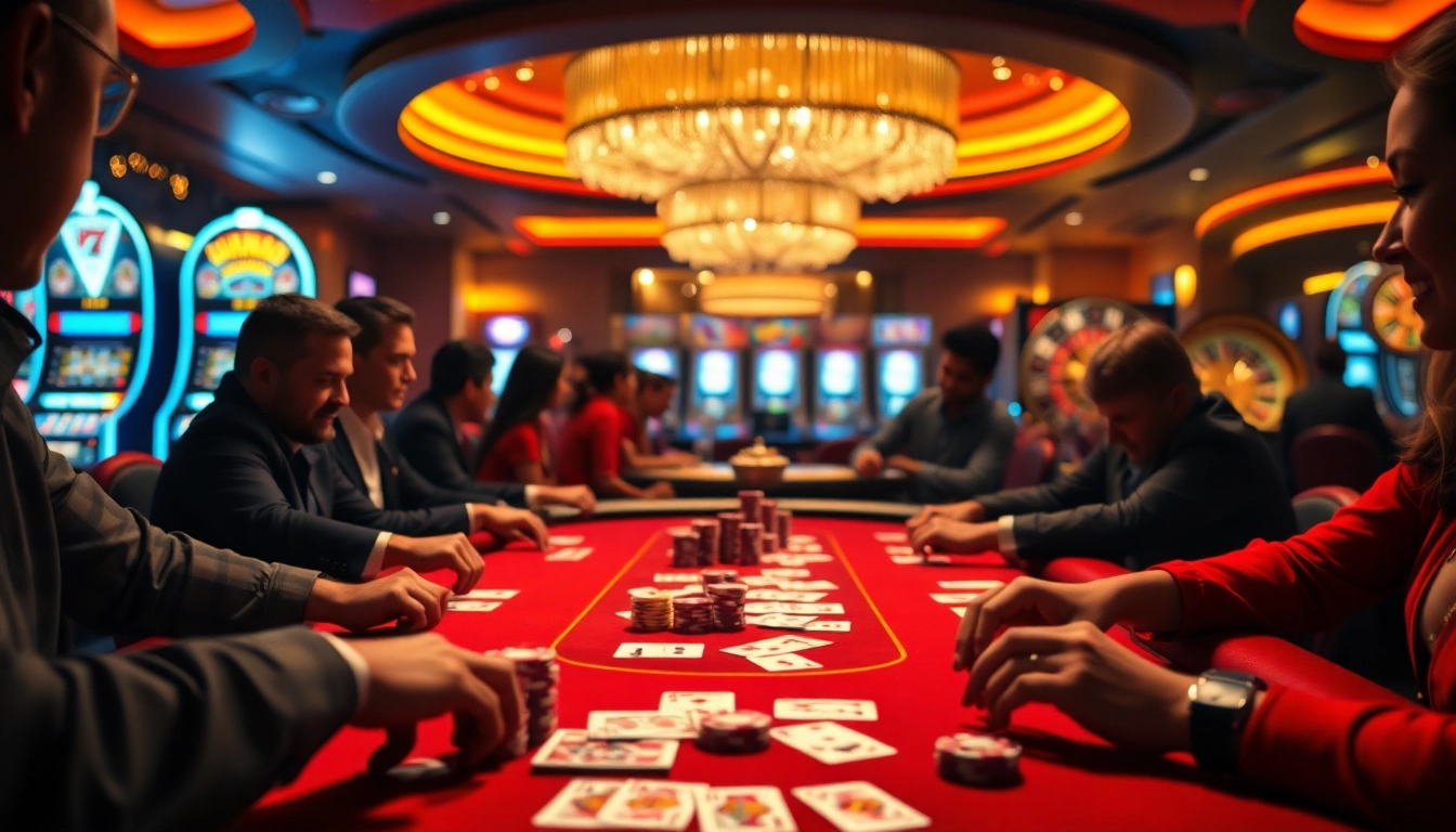 Players enjoying a thrilling game at the JBO casino table, with vibrant poker chips and cards.