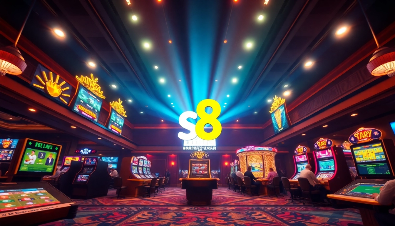 S8 gaming environment showcasing sports betting, slot machines, and professional customer support.