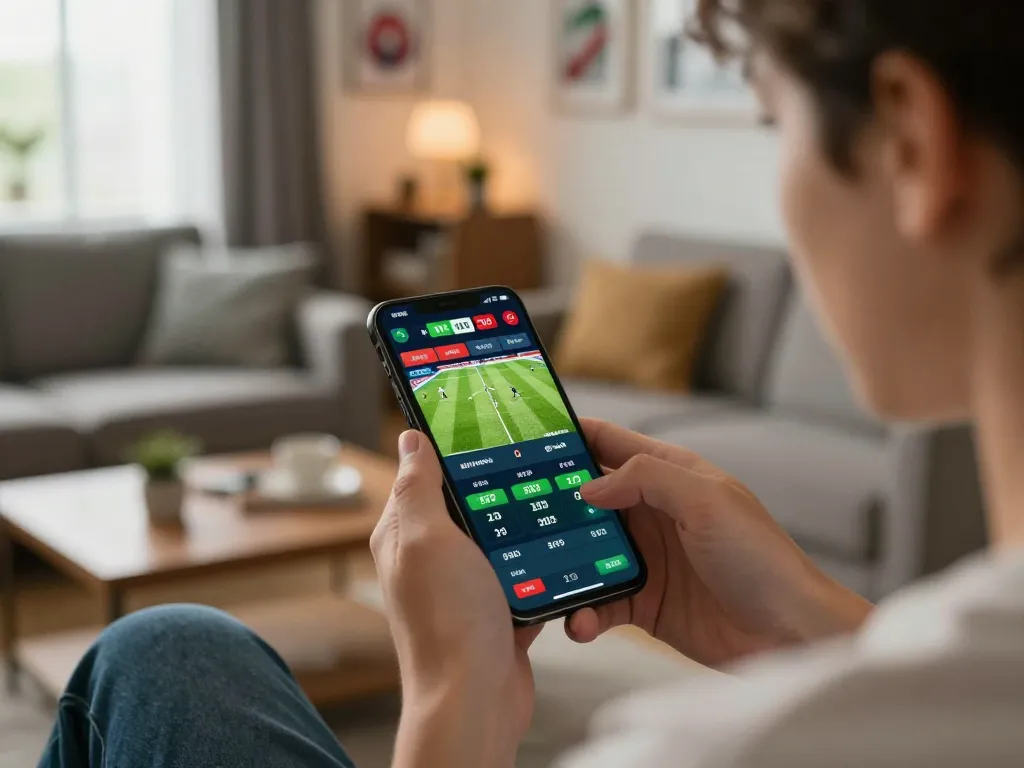 Net88 user engaging in live sports betting on smartphone during a football match.