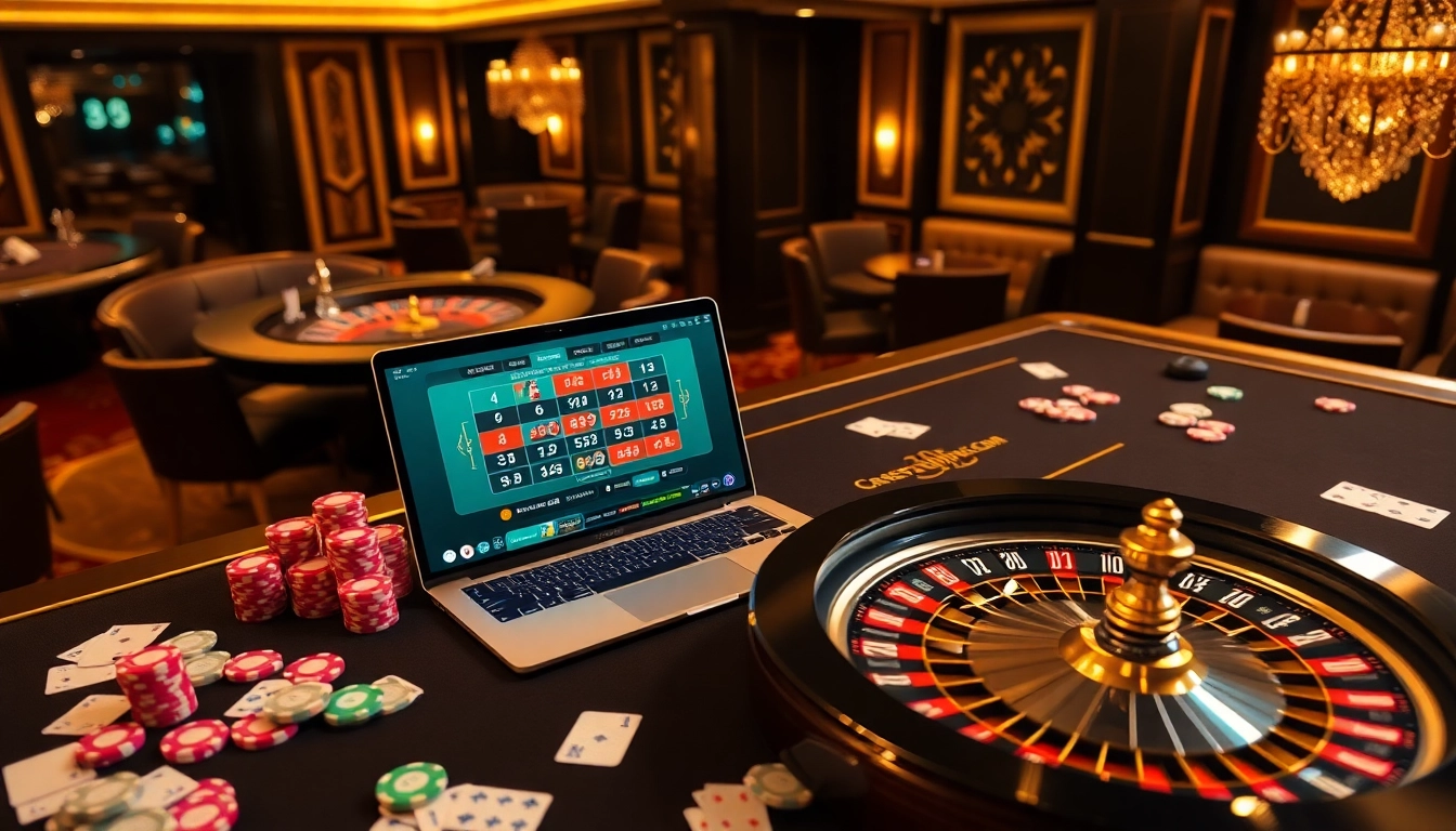 Experience thrilling gaming at 8kbet with vibrant poker chips, cards, and roulette.