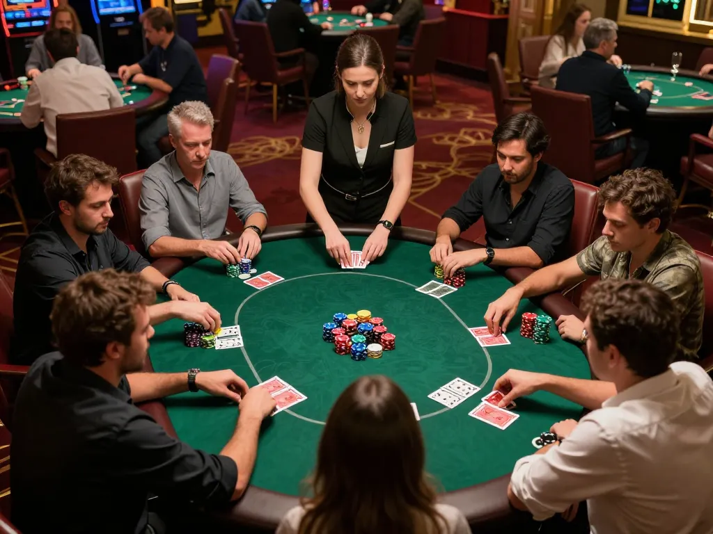 Players engaged in intense poker gameplay at a casino table, showcasing km777 poker strategy action.