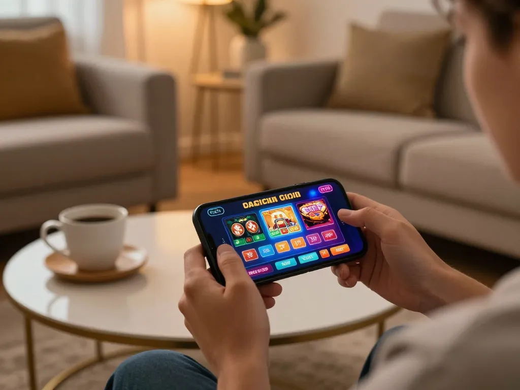 b52club mobile gaming action with user engaging in thrilling casino gameplay on smartphone at home.