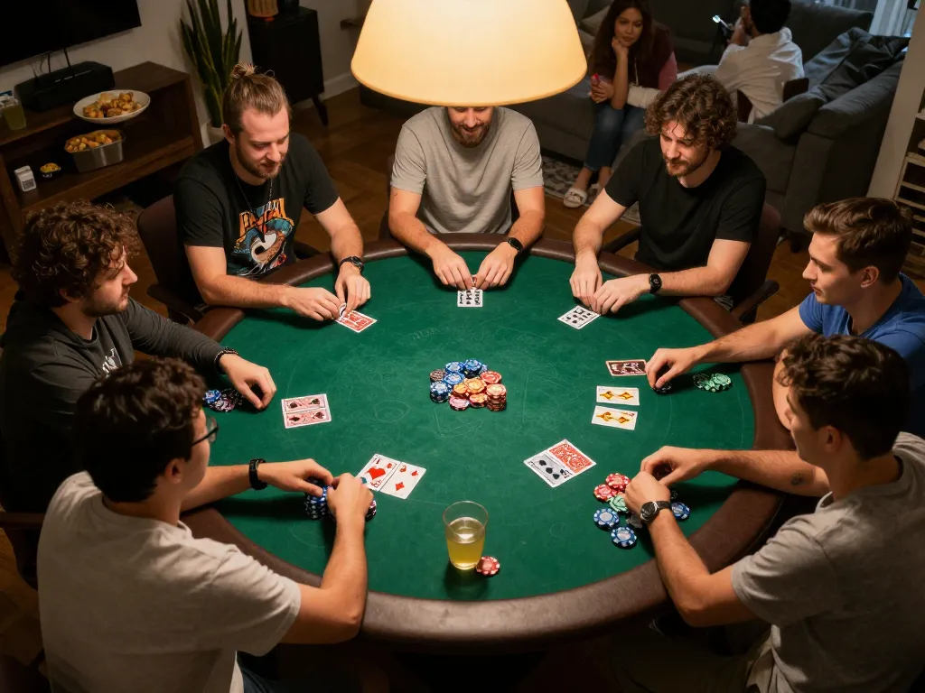Online gaming at https://kjc365.com/ with a lively poker game atmosphere, featuring engaged players and snacks