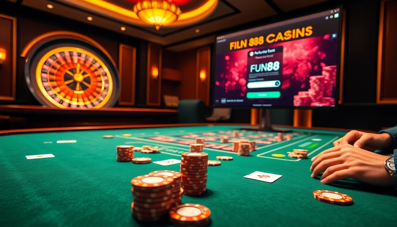 Exciting casino scene showcasing fun88 com login with poker chips and roulette wheel.