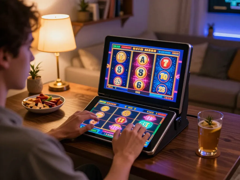 Engaging online casino play with link vào 789win on tablet, cozy home atmosphere, vibrant gaming experience.
