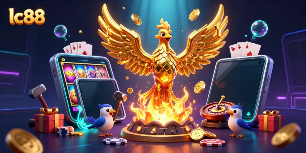 Experience the thrilling lc88 casino atmosphere with a golden phoenix and gaming excitement.