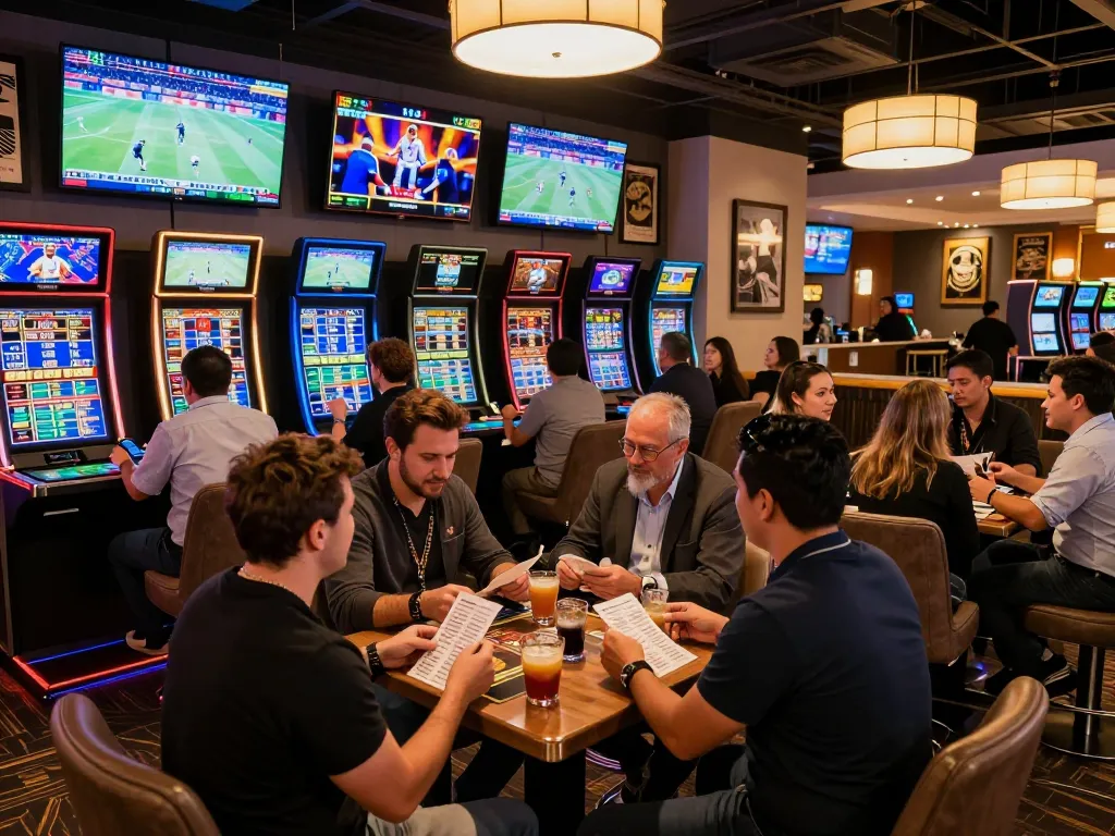 Excited patrons engaging in sports betting at FIVE88's upscale lounge with live events on screens.