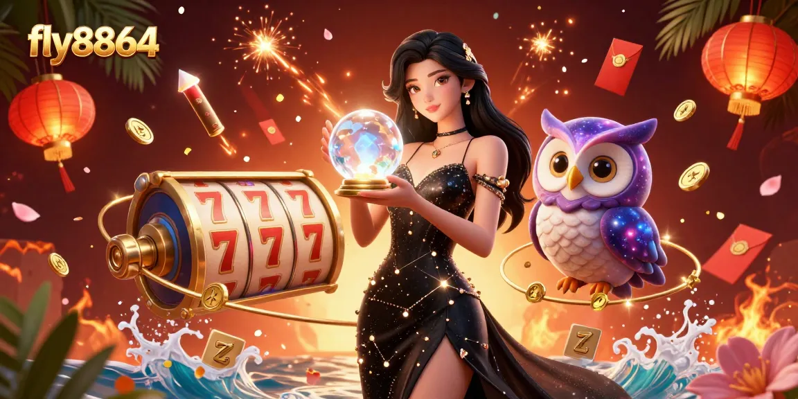 Experience the thrill of fly8864's vibrant online casino with slot reels and lucky symbols in this captivating illustration.