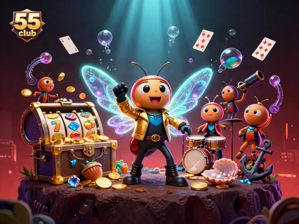 Play thrilling games on 55 club with an interactive illustration of vibrant casino elements.