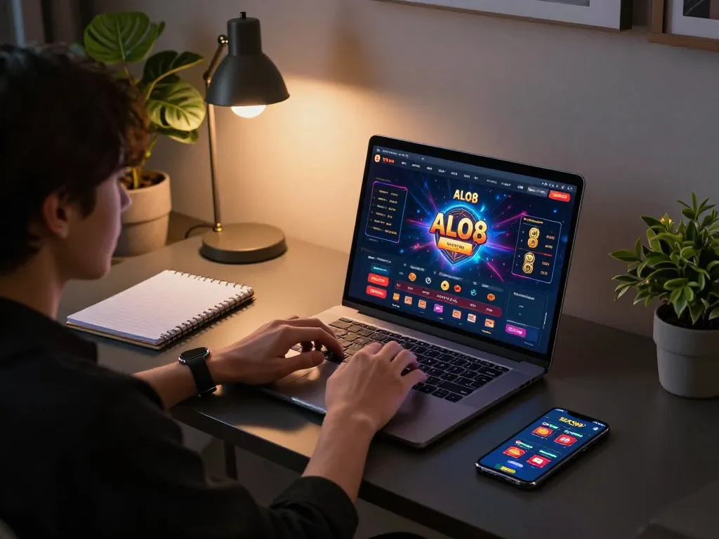 Player strategizing on ALO8 platform while enjoying a cozy online casino experience at home.
