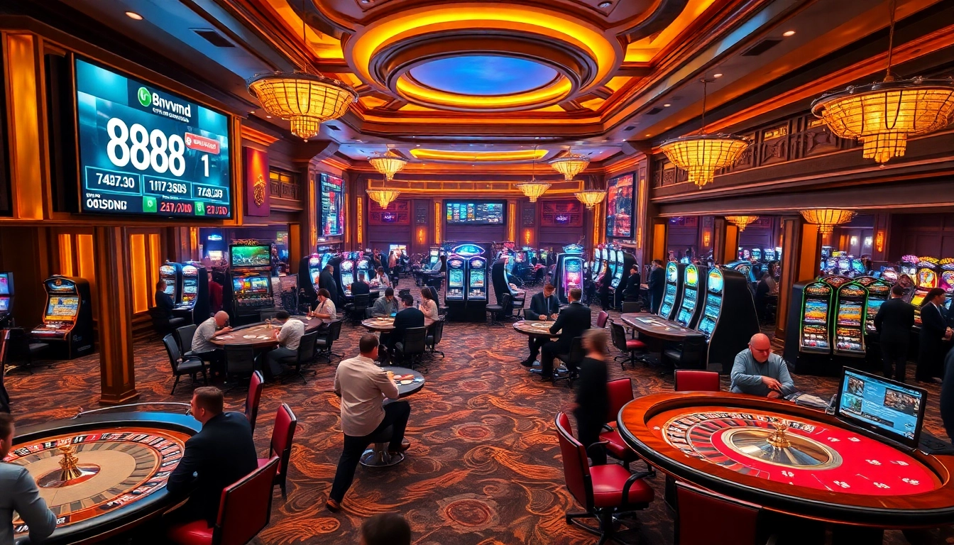 Experience the excitement of 888vnd at a luxury casino with roulette, cards, and players.