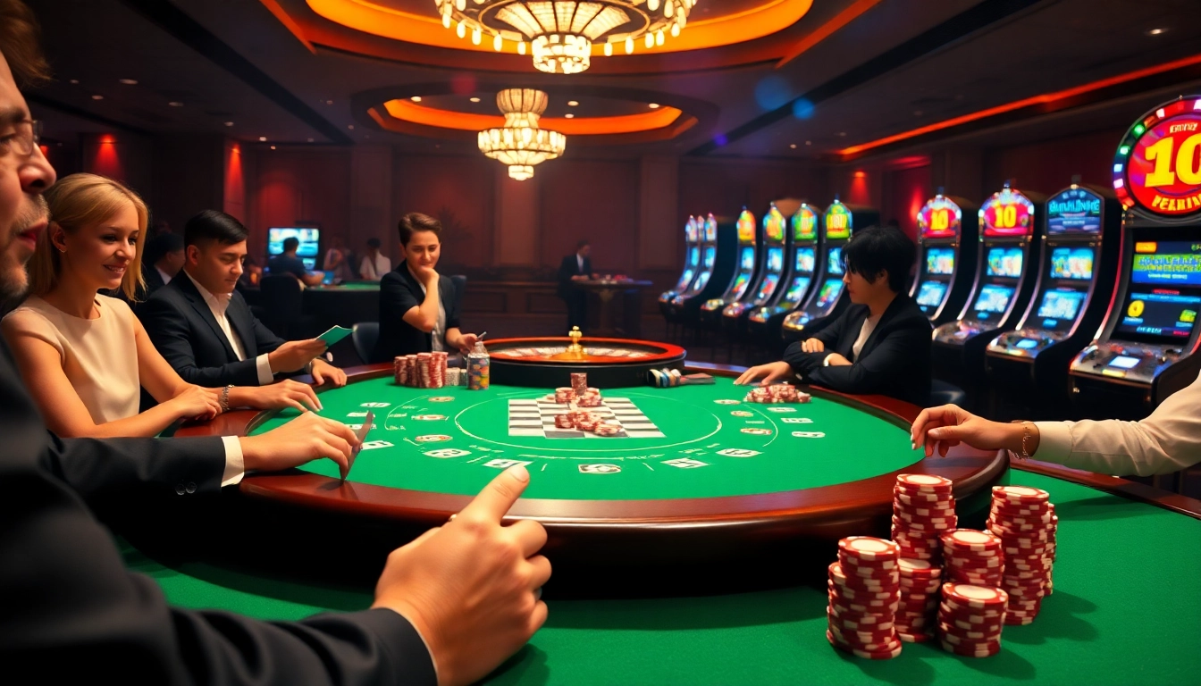 Engaged players enjoying card games at i9bet's luxurious casino tables, showcasing excitement.