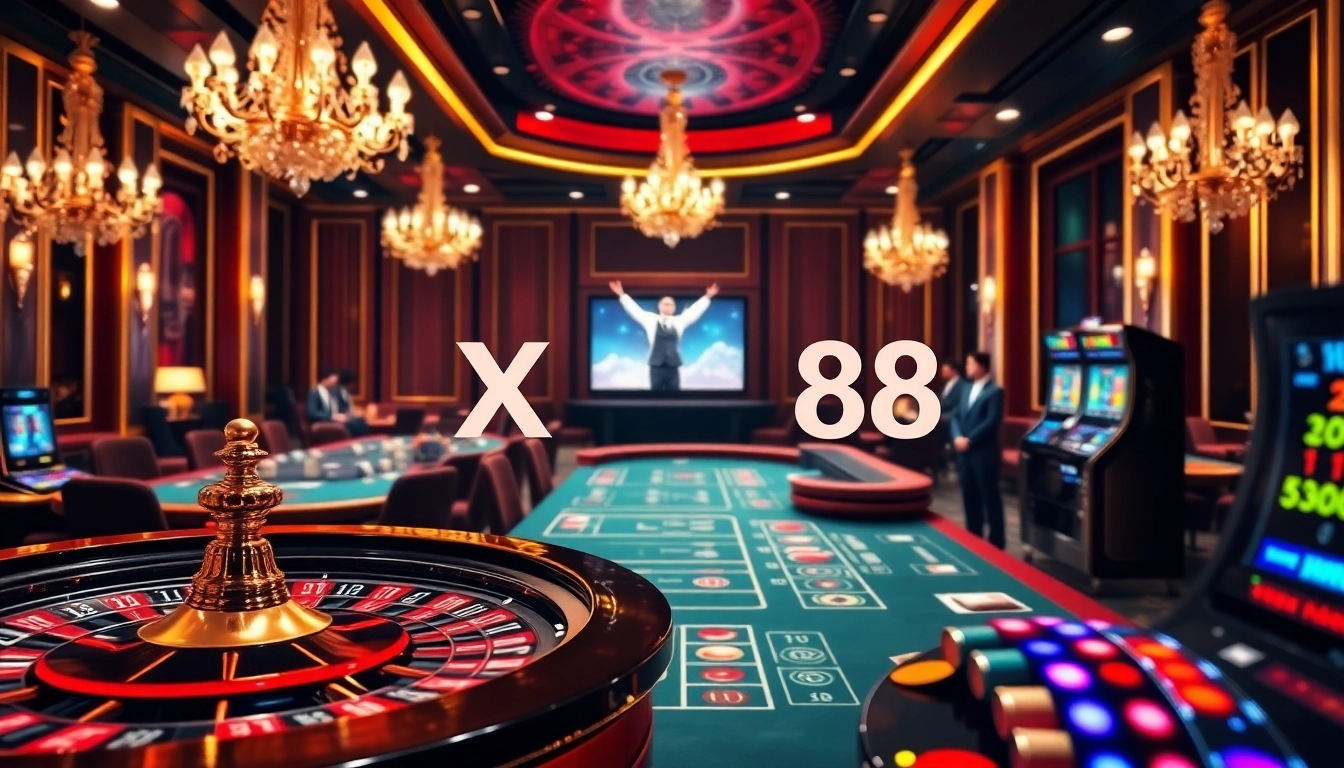Engaging casino scene featuring XX 88 with roulette, poker chips, and an elegant atmosphere.