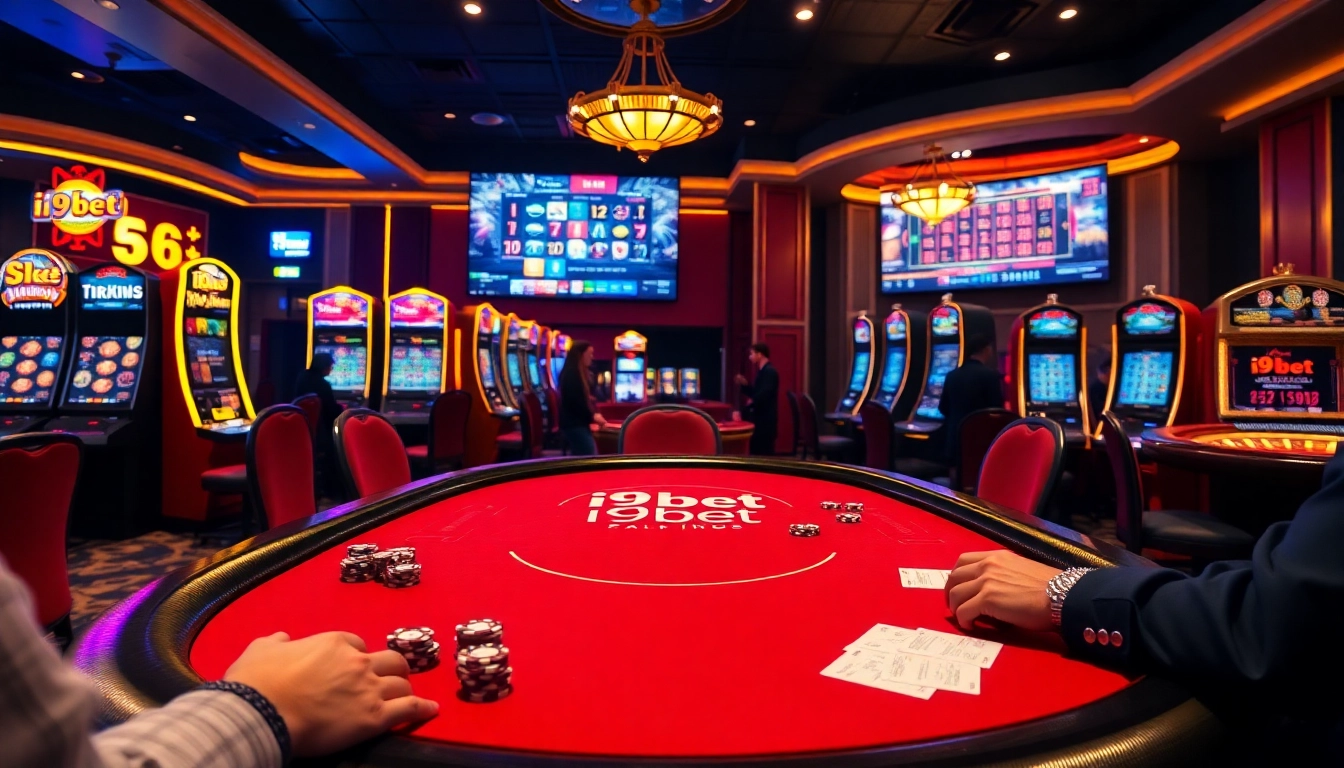 I9bet poker table surrounded by slot machines, showcasing a vibrant casino atmosphere.