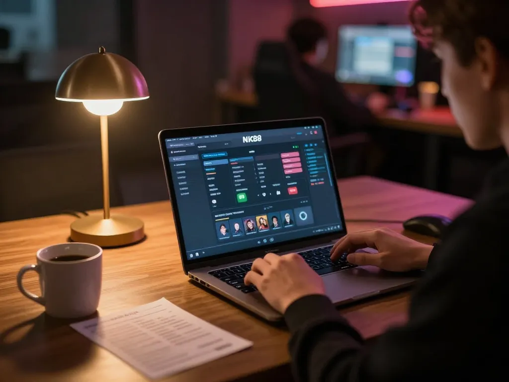 Engaging with NK88 win online platform for strategic gambling insights in a cozy home setting.