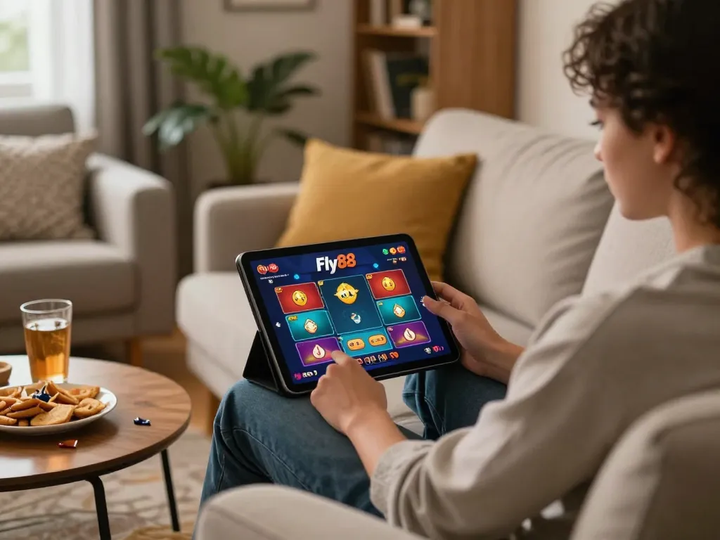 Fly88 online gambling experience from home, featuring a player engaged in strategic betting on a tablet amidst cozy decor.