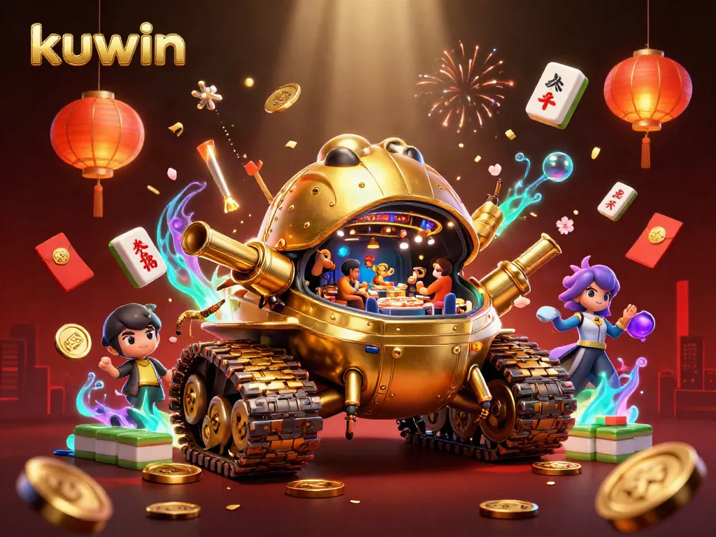 Kuwin showcases a vibrant 3D casino landscape with golden beetle tank and festive elements.