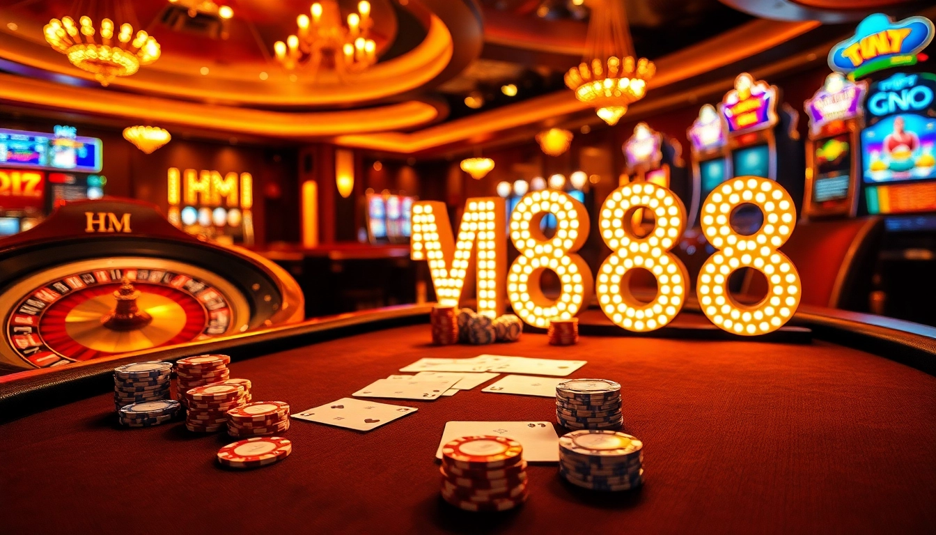 Play exciting poker at HM88 in a luxurious casino with vibrant slot machines and roulette wheel.