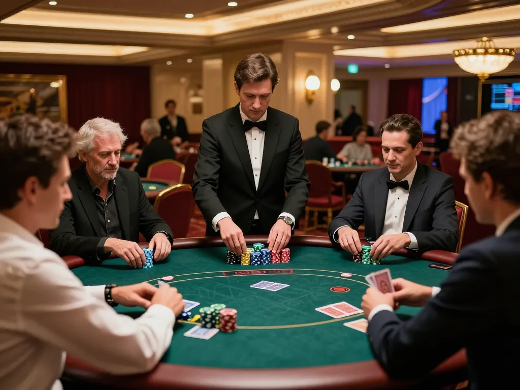 KONG88 players strategizing at a high-stakes poker table in a luxurious casino.