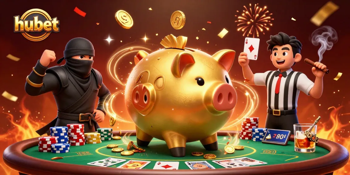 Experience hubet excitement with a dynamic casino battle featuring a golden piggy bank, ninja, and samurai.
