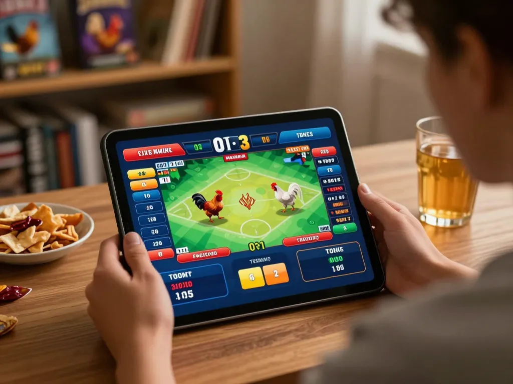A person enjoying đá gà online wala88 while betting on a tablet in a cozy home setting, with warm lighting and a vibrant interface.