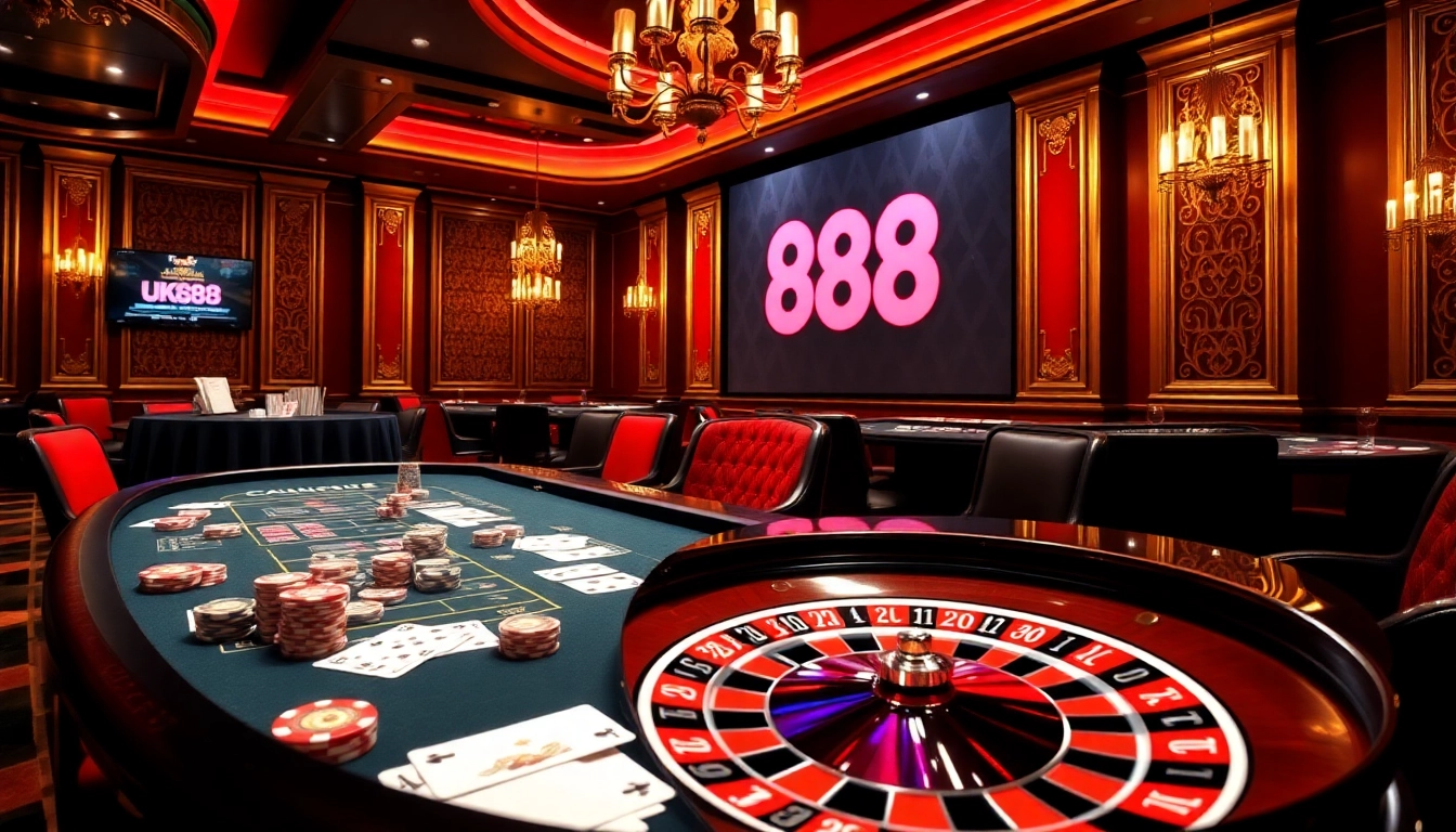 Experience thrilling gameplay at UK88's high-stakes casino table with vibrant chips and cards.