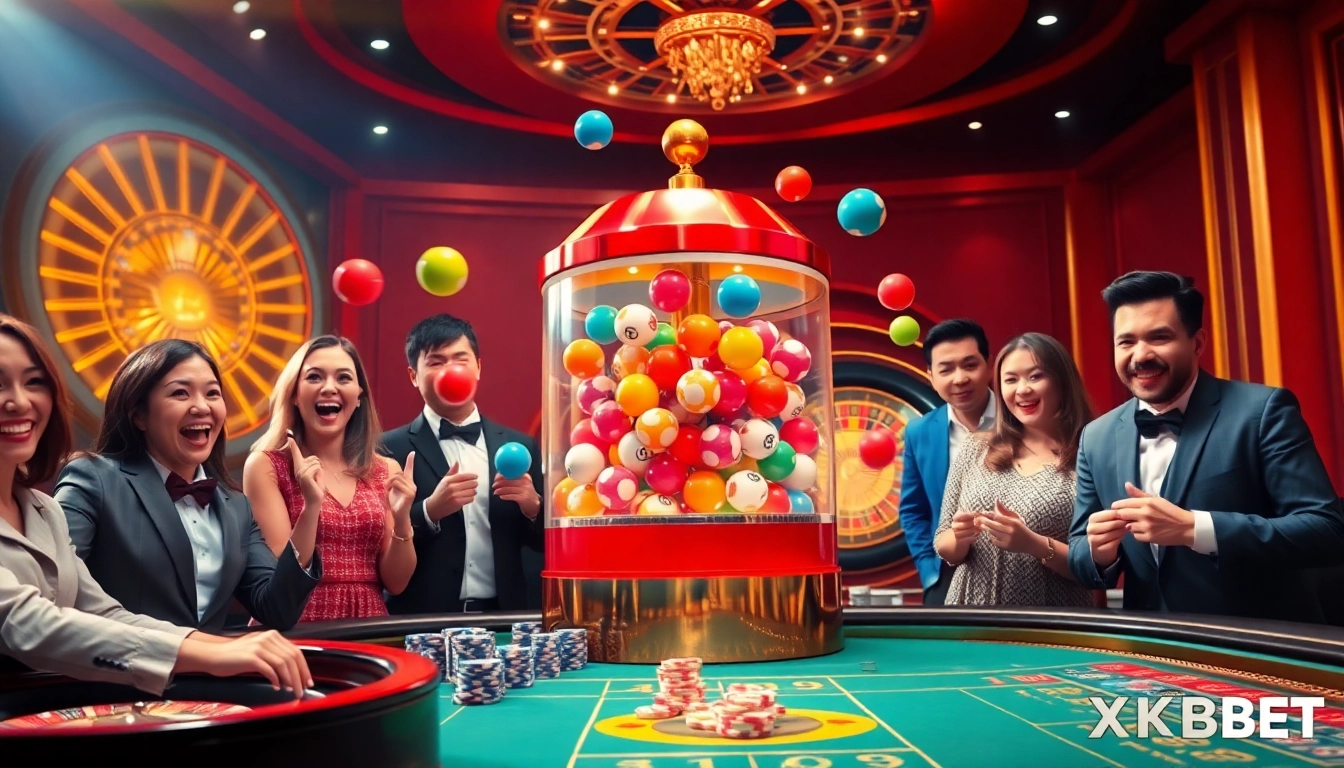 Xổ số 8KBET players eagerly participating in a lively lottery game experience.