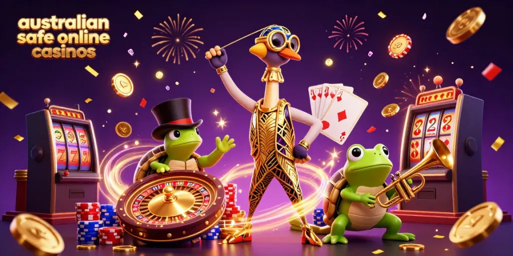 Cascade coins and gems celebrating australian safe online casinos with lively 3D characters in a vibrant scene
