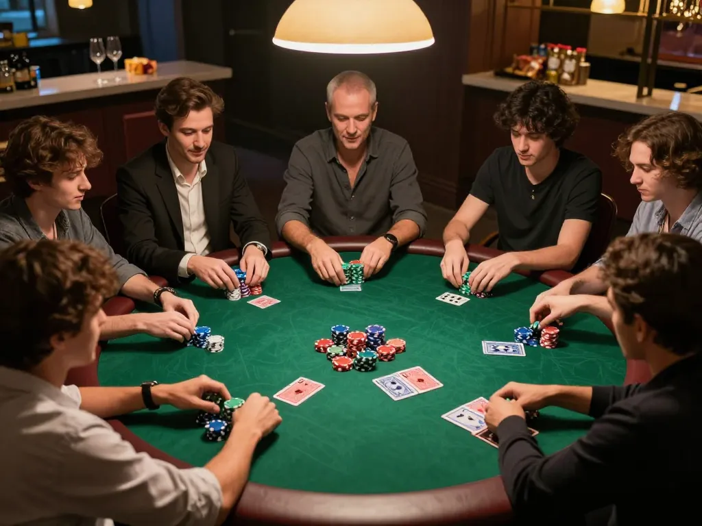 Players strategizing during a poker game night at home on jun88 com, showcasing cards and chips at a round table.