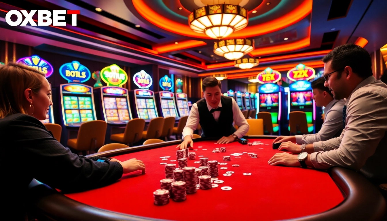 OXBET gaming scene featuring high-stakes poker, colorful slot machines, and vibrant casino atmosphere.