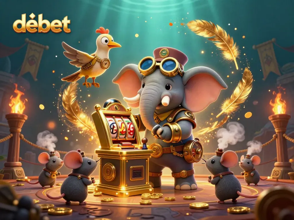 Spin the golden slot machine at debet with a whimsical steampunk elephant engineer.