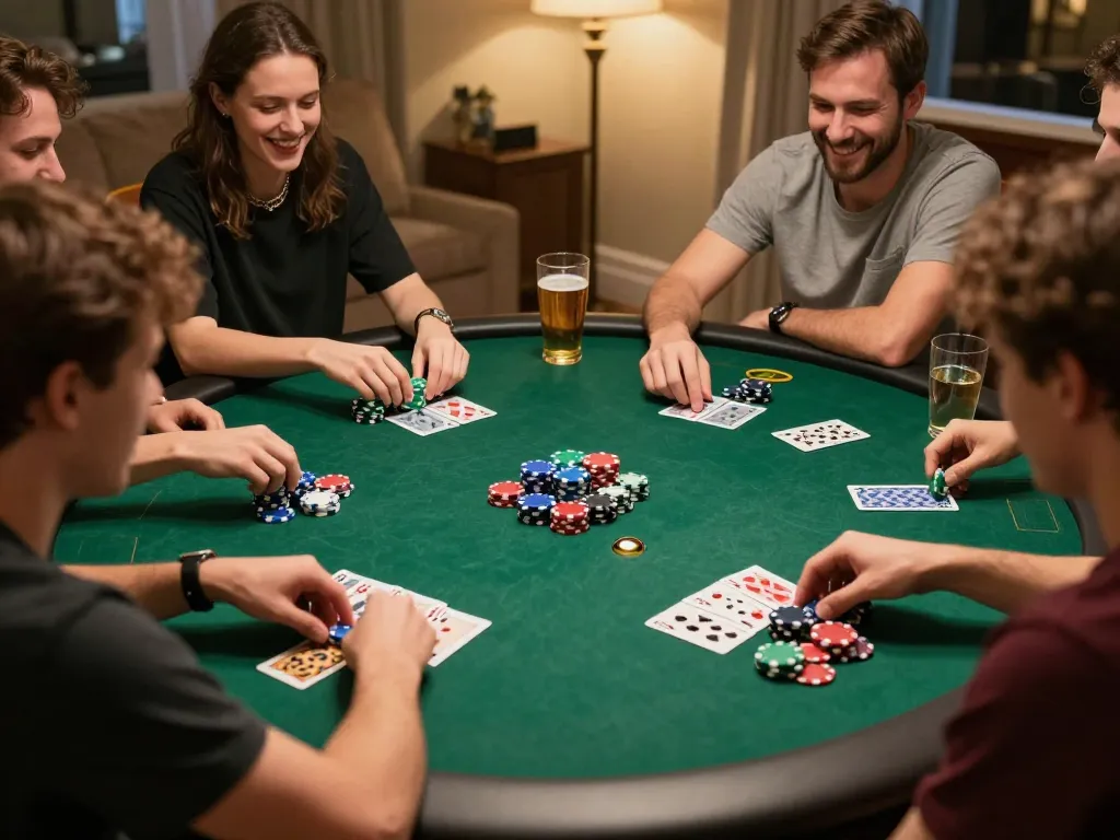 Friends enjoy an engaging poker night using bu88 poker strategies, showcasing colorful chips and competitive play.