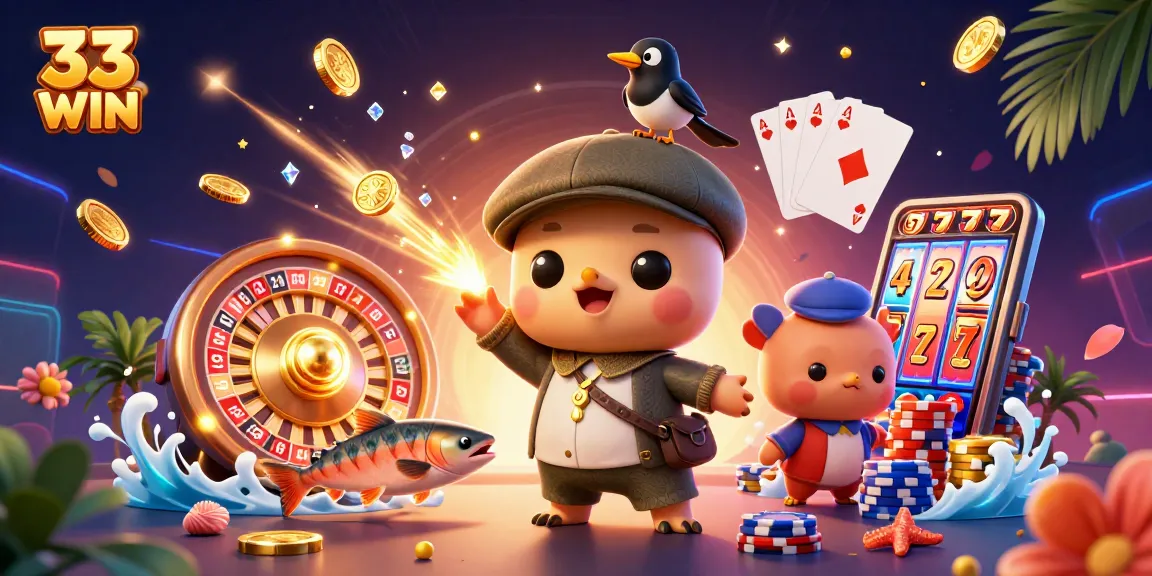 Experience the thrill of 33 WIN with a charming cartoon scene of Nessie and friends celebrating casino wins.