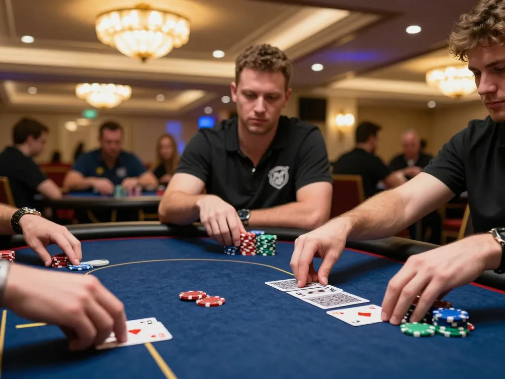 Winbd Vip players strategizing during a poker tournament in a luxurious casino setting.