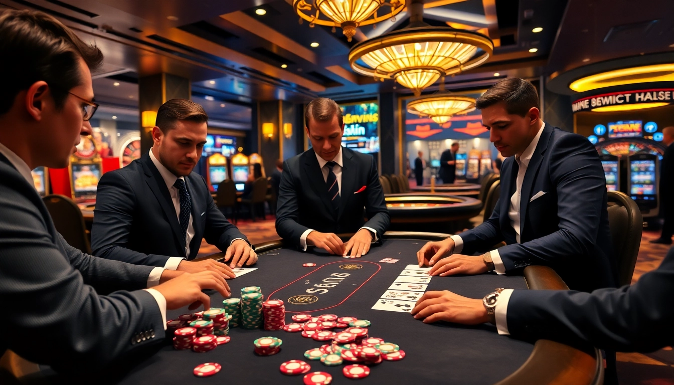 Players enjoying a thrilling poker game at 98win casino table.