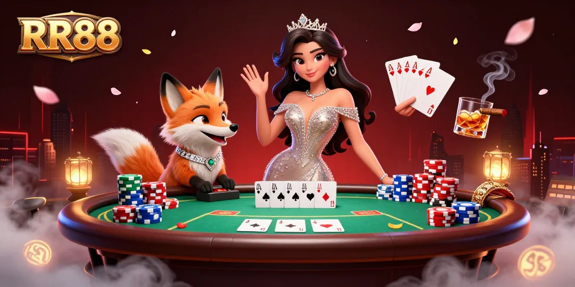 Win big at RR88 with stunning casino-themed 3D illustration, showcasing poker excitement and glamour.
