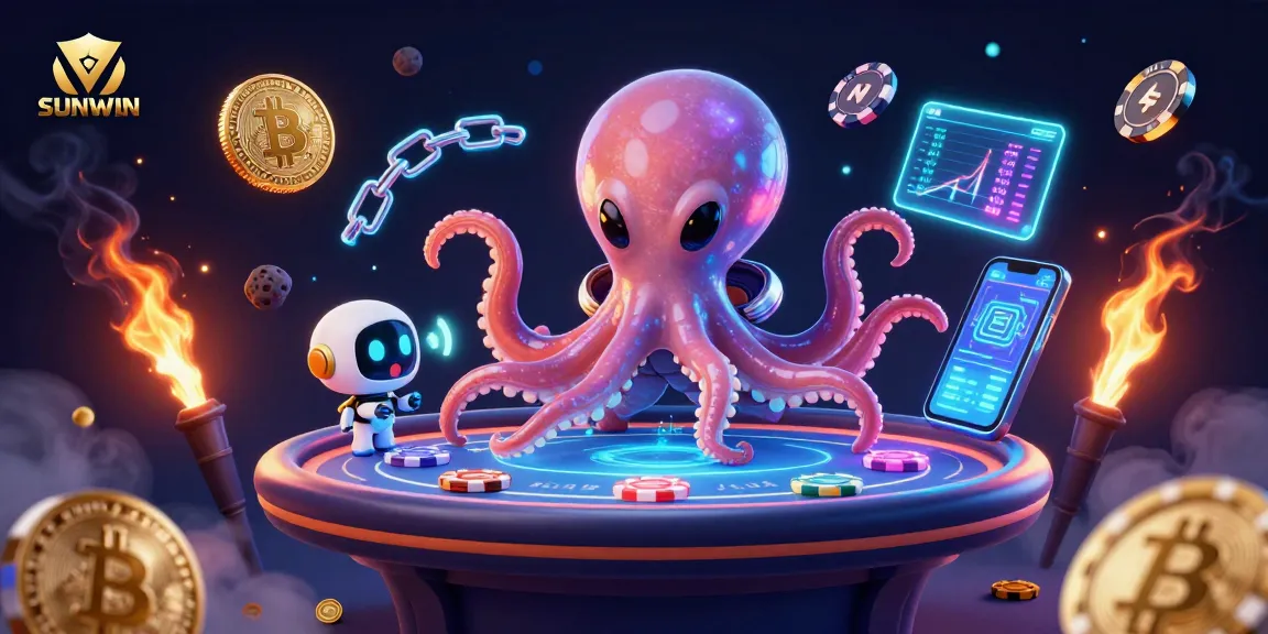SUNWIN engages gamblers with a vibrant 3D casino scene featuring an alien octopus and crypto elements.