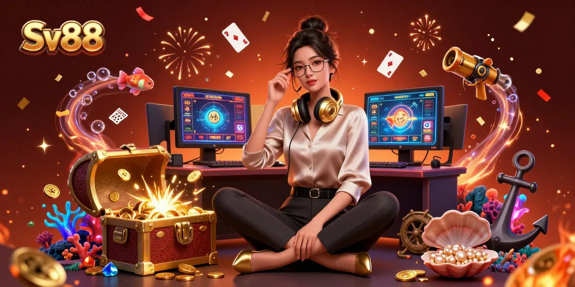 Sv88 gaming setup showcasing a professional Asian woman amidst vibrant casino elements, symbolizing thrilling online gambling.