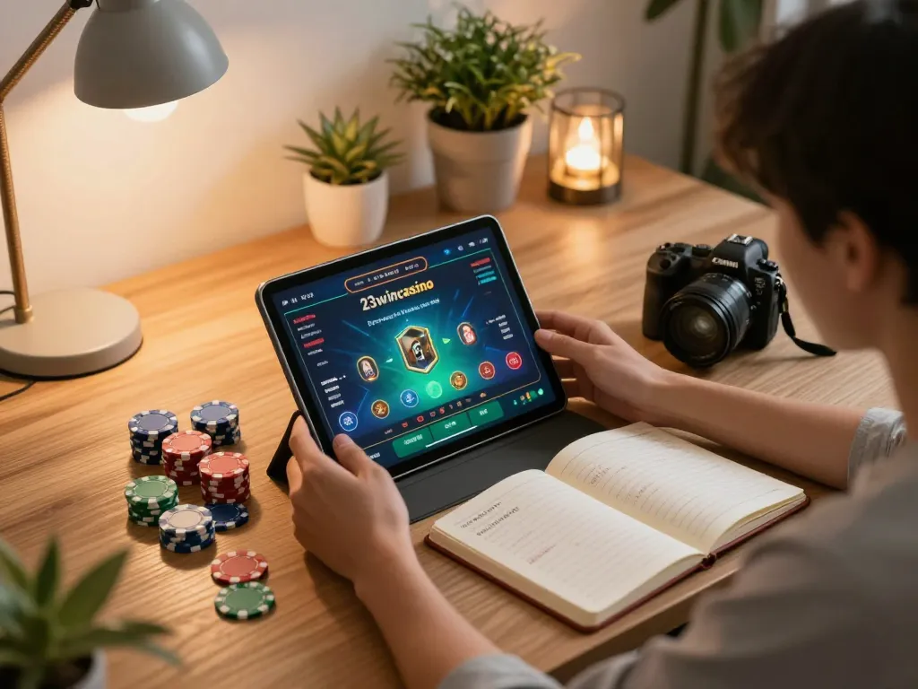 Players enjoying mobile gaming at 23wincasino with tablets and poker chips in a cozy home setup.