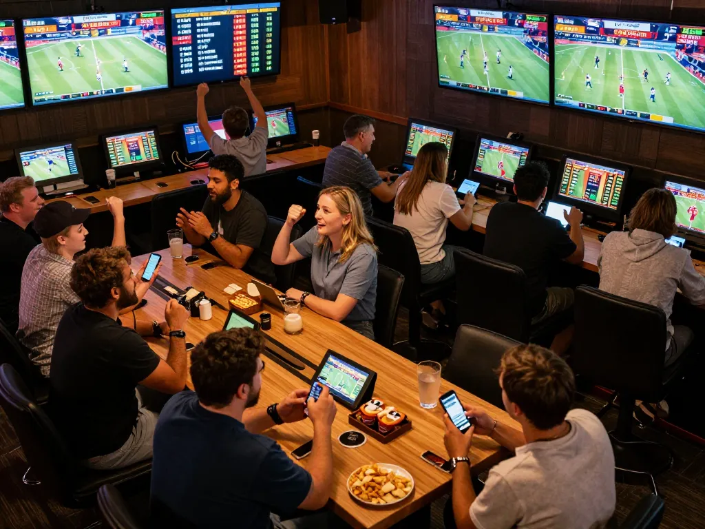 Engage in thrilling sports betting at tr88 com with vibrant screens and enthusiastic bettors celebrating wins.
