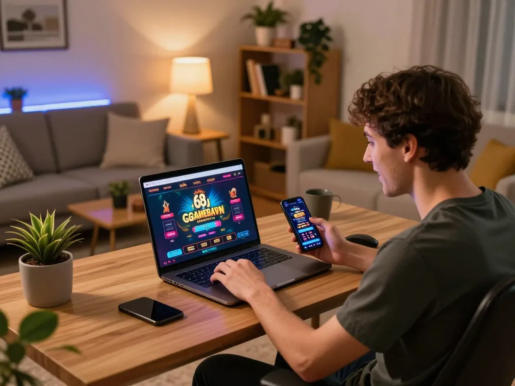 Player engaging with the 68gamebaivn online casino interface on a laptop during a home gaming session.