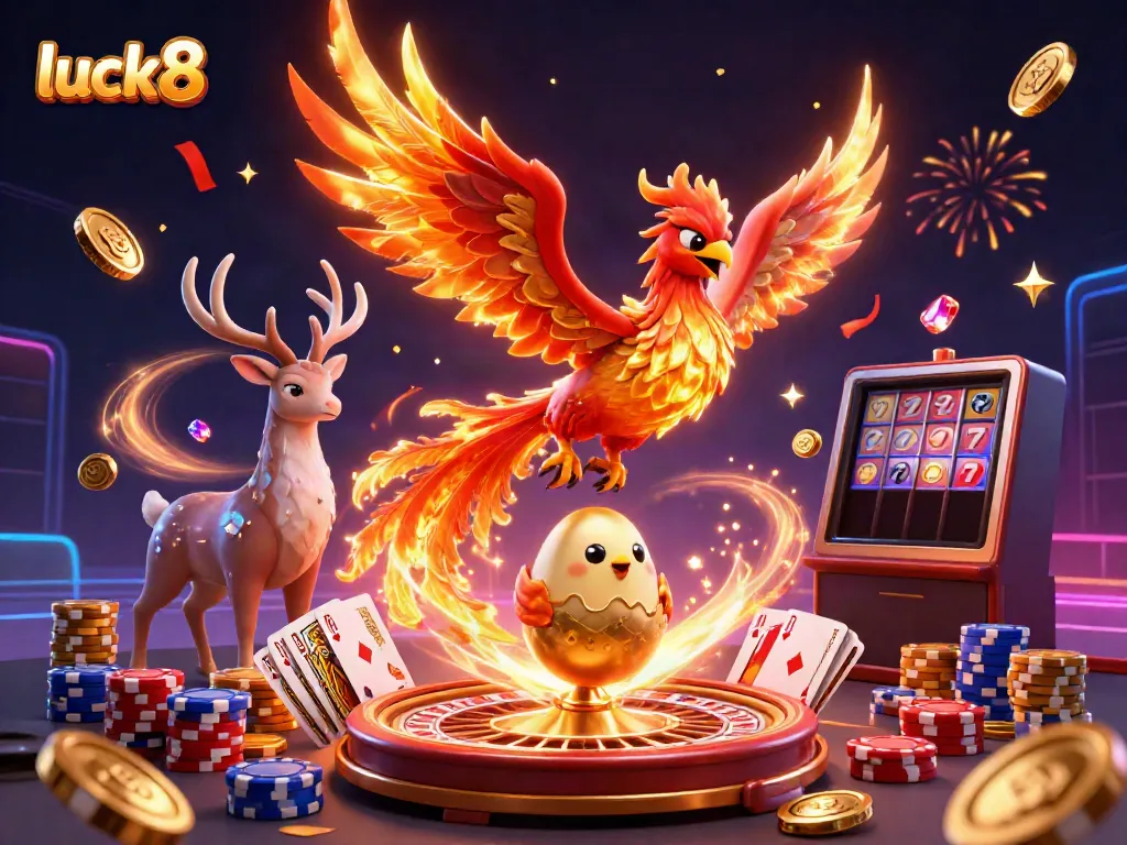 Experience luck8 with vibrant phoenix and casino elements in an ultra-detailed digital illustration.