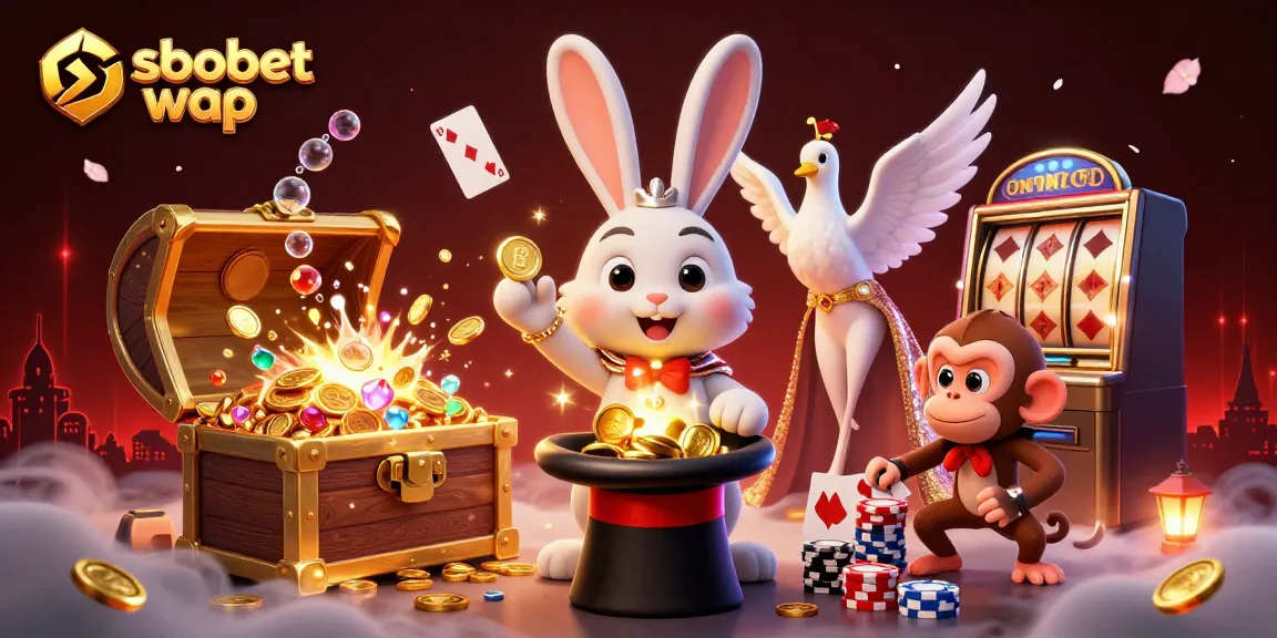 Experience sbobet wap with a dazzling casino scene featuring a magician rabbit, coins, and poker chips.