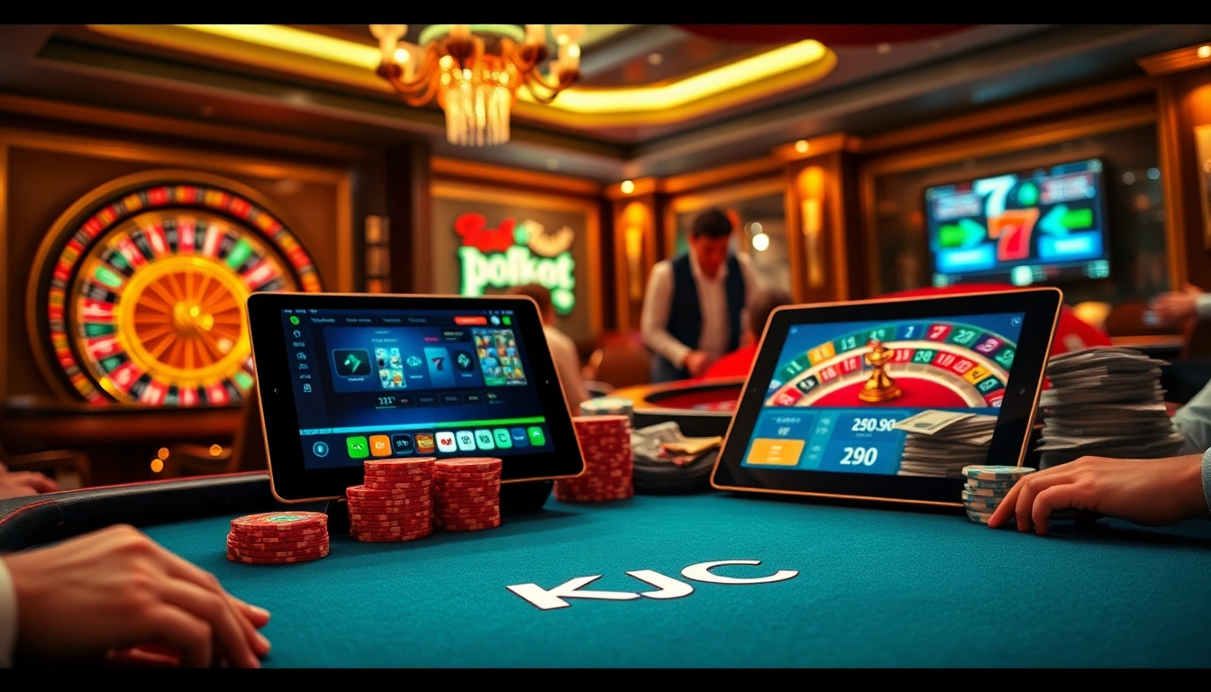 KJC poker table scene with vibrant chips and cards in a luxury casino setting.