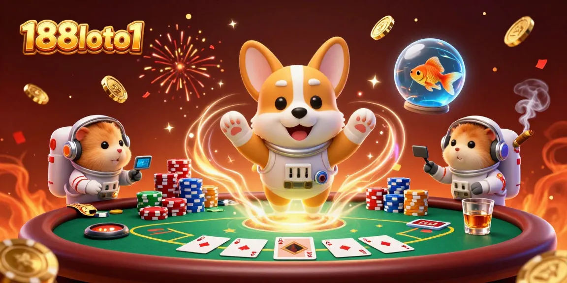 Experience thrilling gameplay with 188loto1 inside a zero-gravity casino scene featuring an astronaut corgi, poker chips, and confetti.
