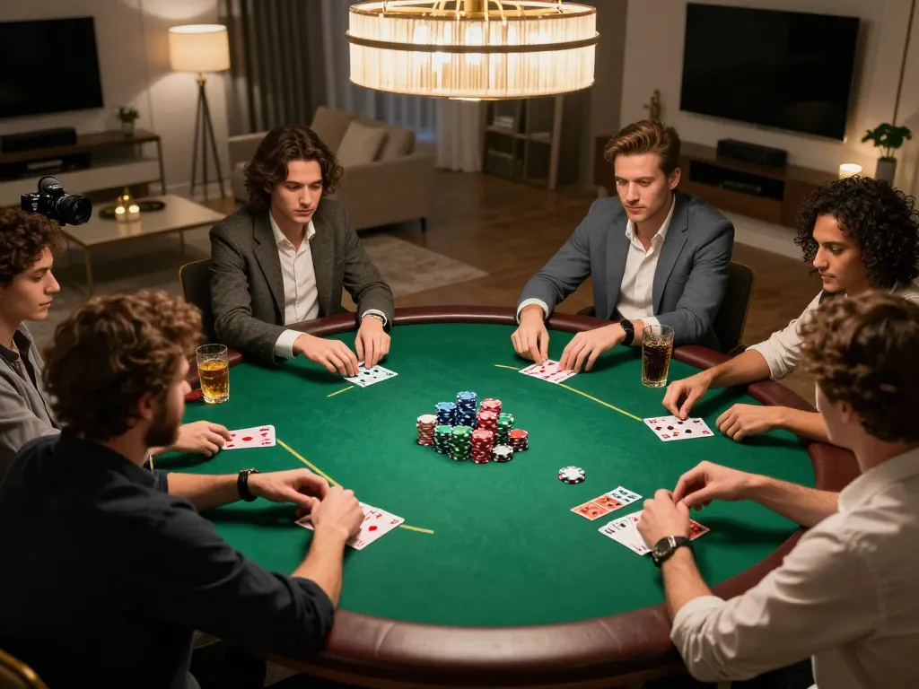Friends enjoying a poker night at home with F8BETZ cards and chips on the table.